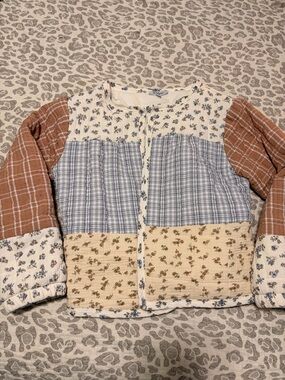 Polagram Quilted Patchwork Jacket in Cream, Blue & Brown